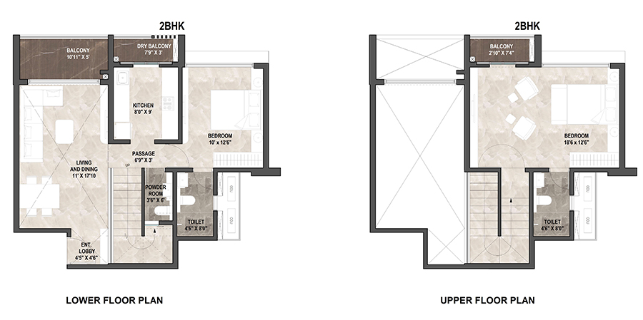2 BHK Duplex Floor Plan – Montreal